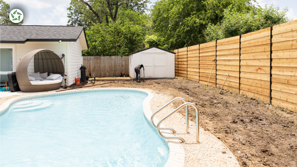 Backyard pool mid-renovation with turf around the pool being installed, Lone Star Turf Texas, Turf Around the Pool: Pavers vs. Concrete vs. Turf.