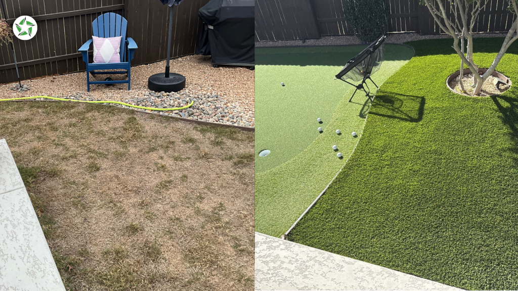Before and after artificial turf installation San Antonio backyard putting green beside a patio, Lone Star Turf
