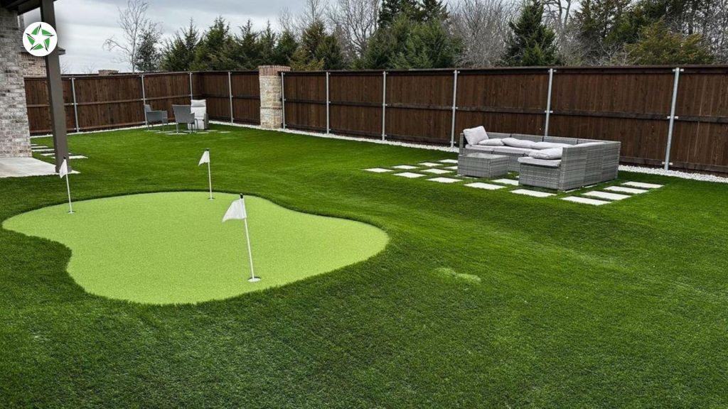 Paver stepping stones tracing the walked path across a turf lawn and putting green at month five of year one with artificial turf, Year One With Artificial Turf: What to Expect, Lone Star Turf Texas