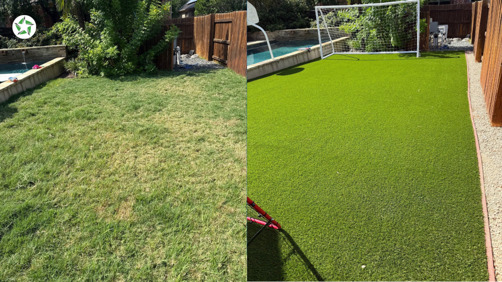 Before and after artificial turf installation San Antonio backyard lawn with soccer goal near a pool, Lone Star Turf