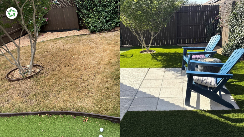 Before and after artificial turf installation San Antonio backyard patio seating area with new turf lawn, Lone Star Turf