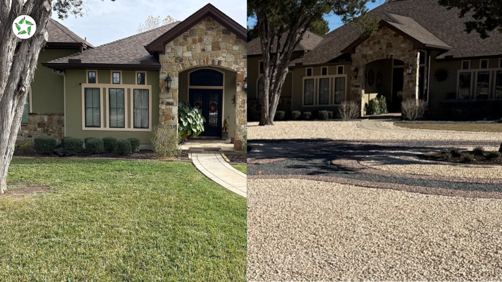 Green lawn versus gravel driveway yard comparison, Jellyfish Lighting vs. Professional Install: What Is "Permanent Outdoor Lighting", Lone Star Turf, permanent outdoor lighting - Soffit Lighting 101: Jellyfish vs. Professional Outdoor Lighting