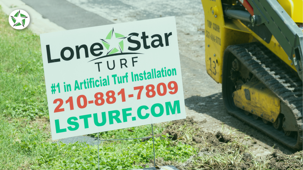 Lone Star Turf yard sign at an installation job site, Jellyfish Lighting vs. Professional Install: What Is "Permanent Outdoor Lighting"?, Lone Star Turf, permanent outdoor lighting. Soffit Lighting 101: Jellyfish vs. Professional Outdoor Lighting