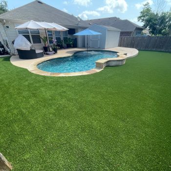 Artificial turf in a large backyard with an oval swimming pool near the house in the background.