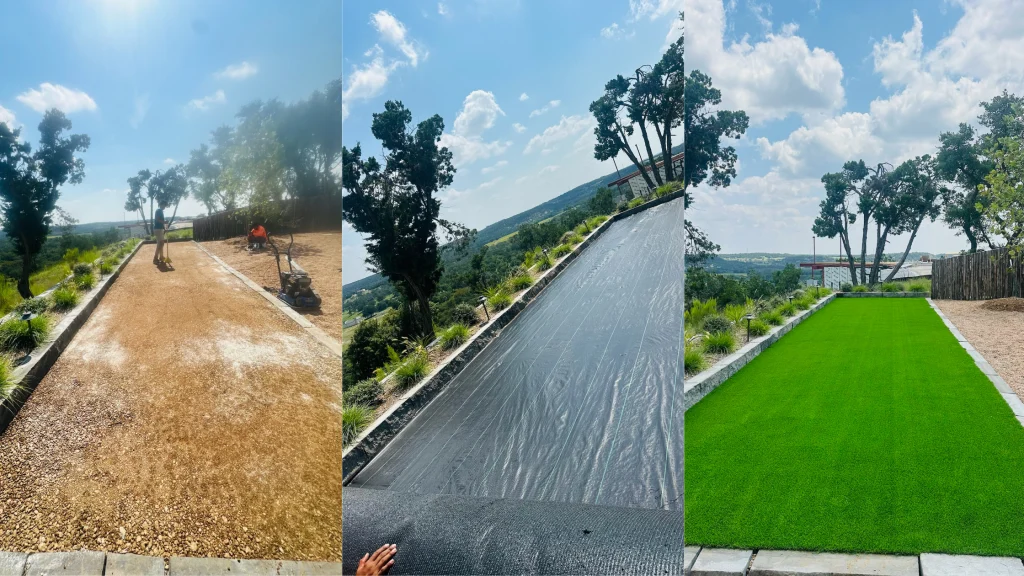 Prep for artificial turf installation shown in three photos arranged in a row, of the same area being prepped for installation, during installation, and the finished product.