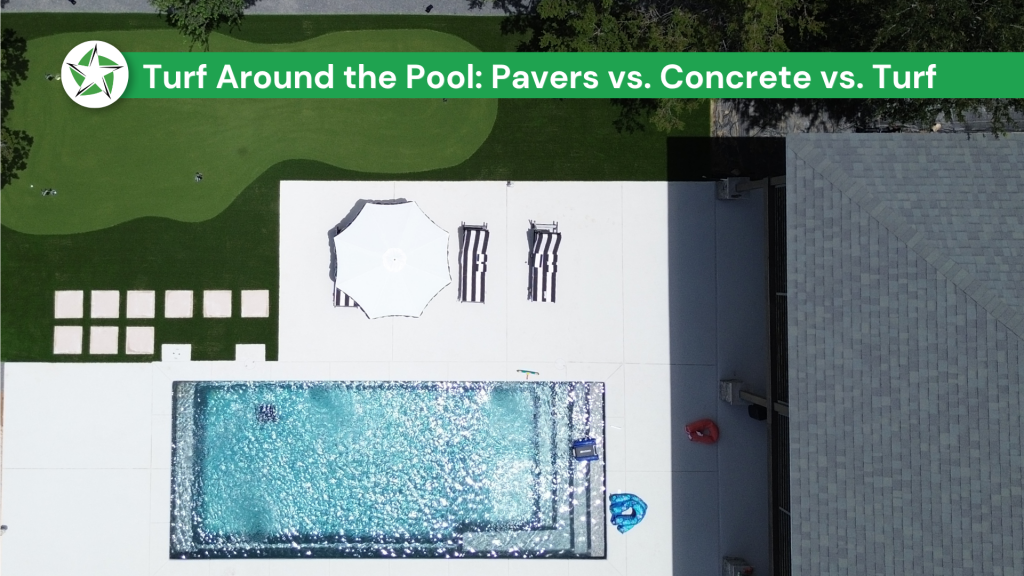 Aerial view of a backyard pool bordered by turf and pavers, Lone Star Turf Texas, cover image for Turf Around the Pool: Pavers vs. Concrete vs. Turf turf around the pool pavers vs. concrete vs. turf lone star turf texas (1)