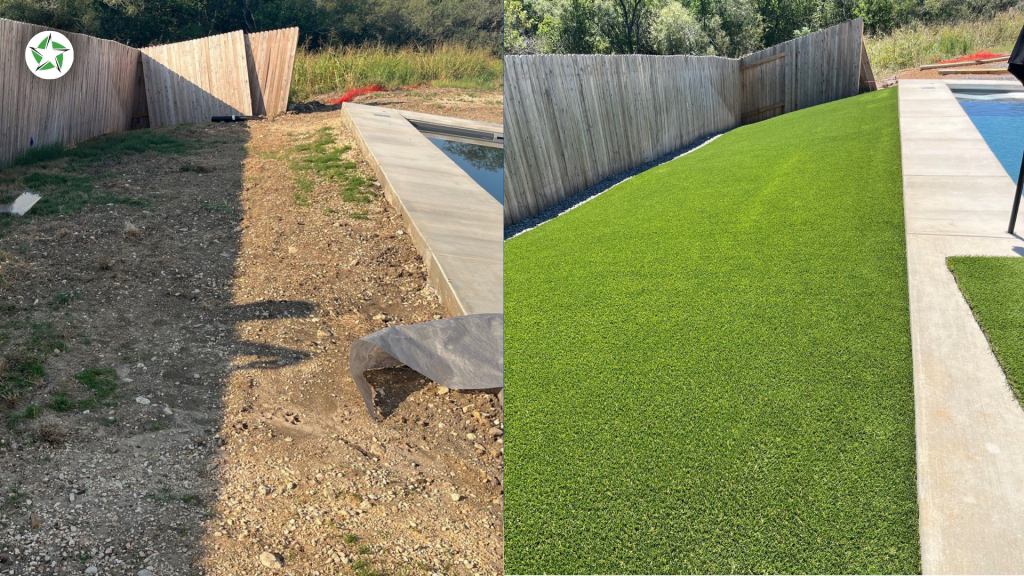 Before and after turf around the pool installation on a sloped backyard, Lone Star Turf Texas, from Turf Around the Pool: Pavers vs. Concrete vs. Turf.